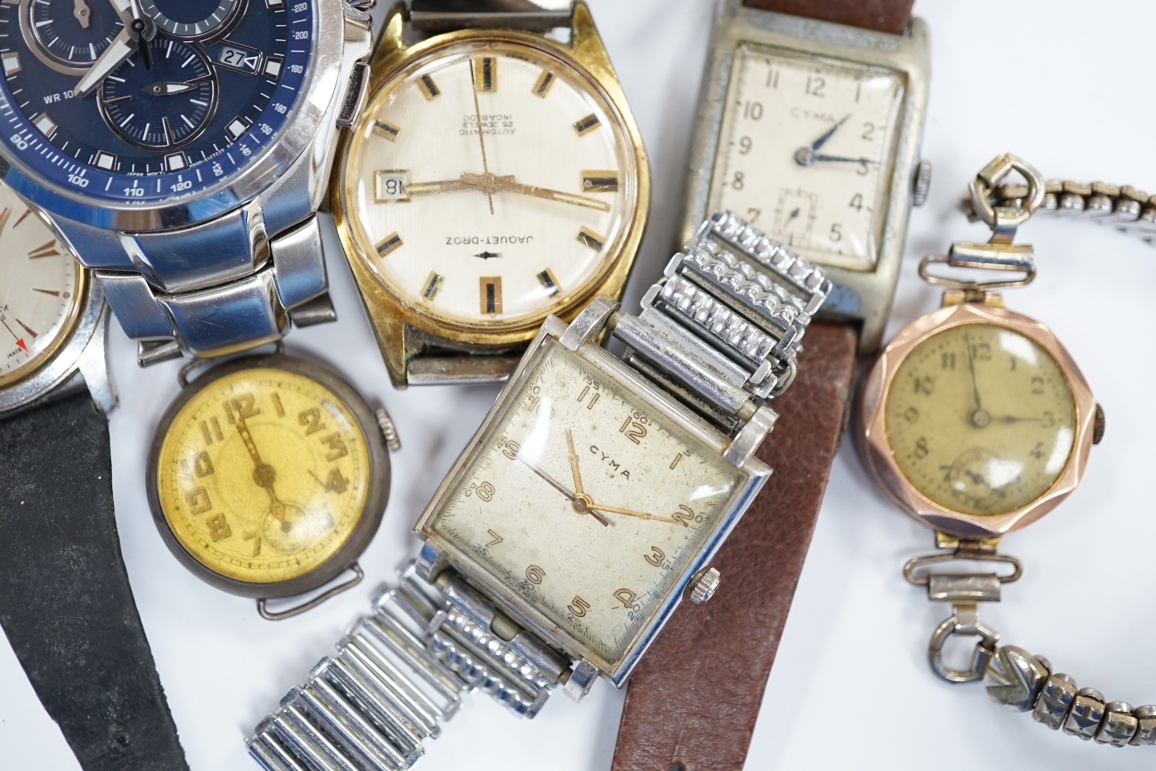A group of assorted mainly steel wrist watches including three Cyma, a Roamer and modern Citizen Eco-Drive.